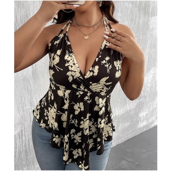 Tops - Plus Floral Print Ruffle Hem Halter Tank top